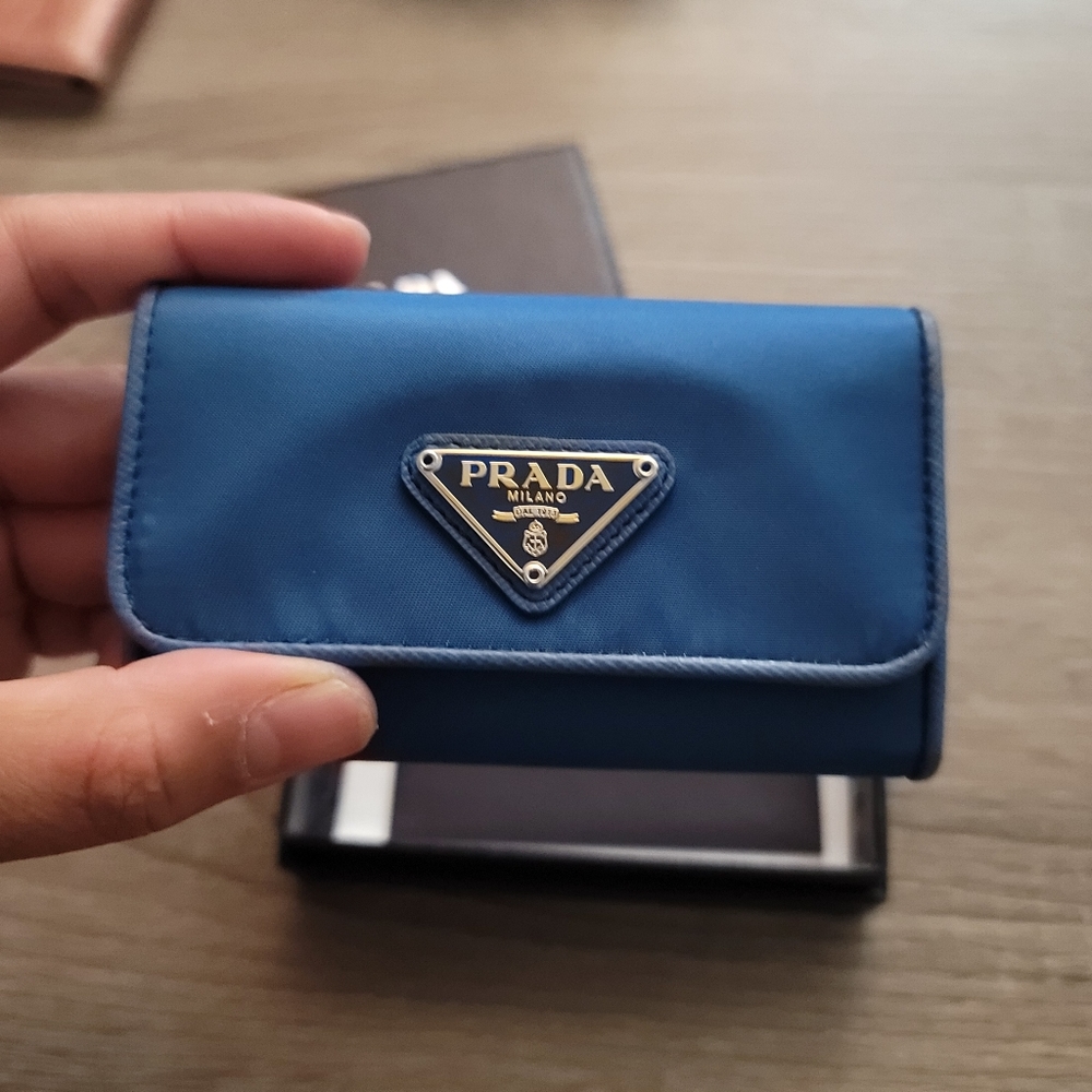 NWT PRADA Logo Plate Nylon 6 Ring Key Case